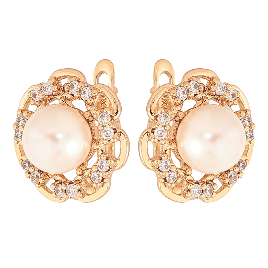 Серьги Xuping цвет Позолота 18К английский замок "Узор с кристаллами и жемчугом" фото №1 Серьги Xuping цвет Позолота 18К английский замок "Узор с кристаллами и жемчугом" фото №1