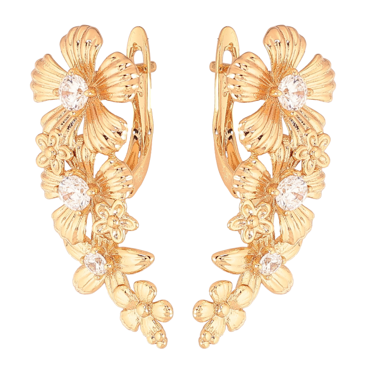 Серьги Xuping цвет Позолота 18К английский замок "Цветочный узор с кристаллами" фото №2