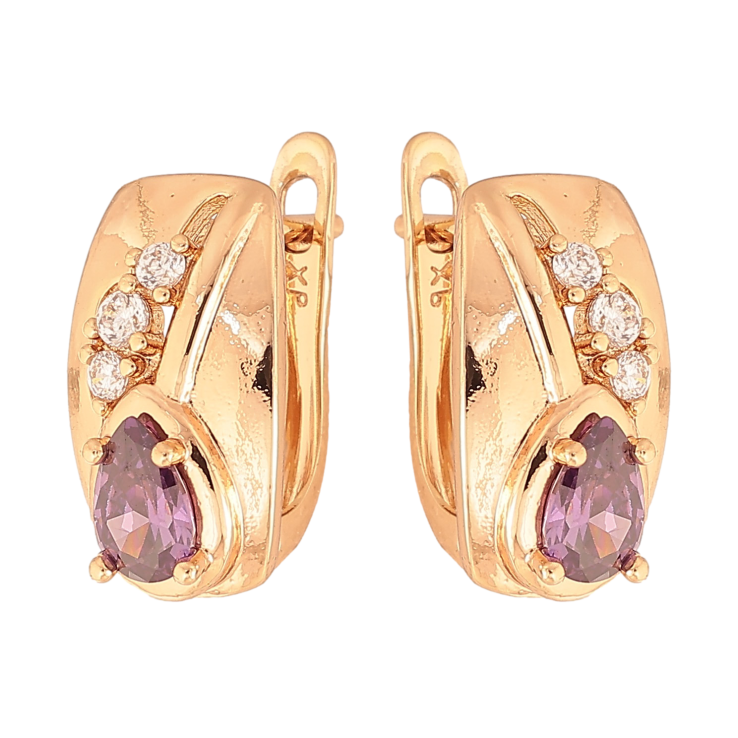 Сережки Xuping колір Позолота 18К англійський замок "Візерунок з бузковим кристалом" фото №3