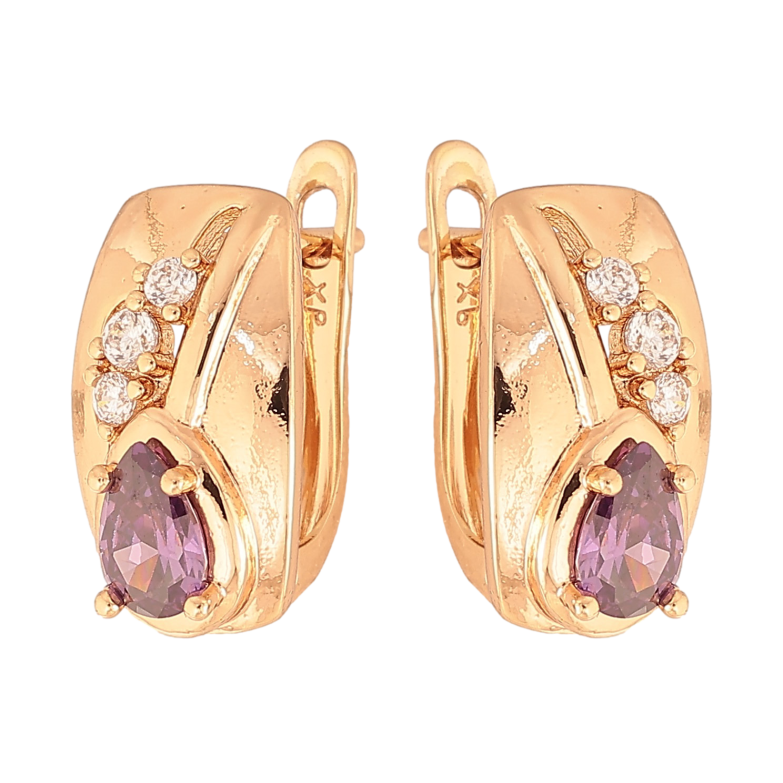 Сережки Xuping колір Позолота 18К англійський замок "Візерунок з бузковим кристалом" фото №2