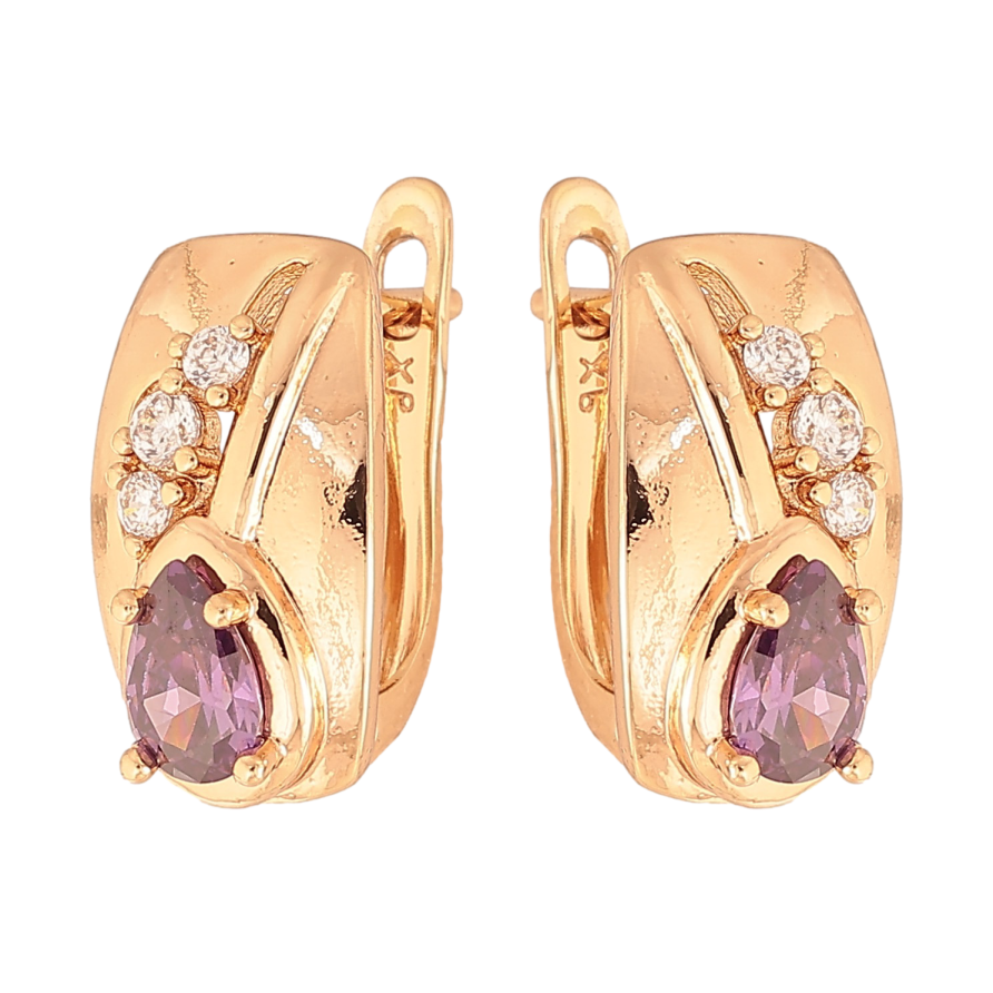 Сережки Xuping колір Позолота 18К англійський замок "Візерунок з бузковим кристалом" фото №1