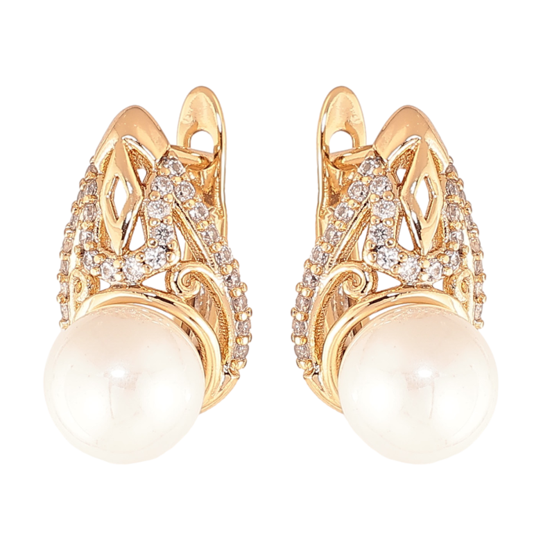 Серьги Xuping цвет Позолота 18K английский замок "Узор с кристаллами и жемчужинами" фото №1