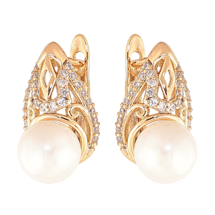 Сережки Xuping колір Позолота 18K англійський замок "Візерунок з кристалами та перлинами" фото №1