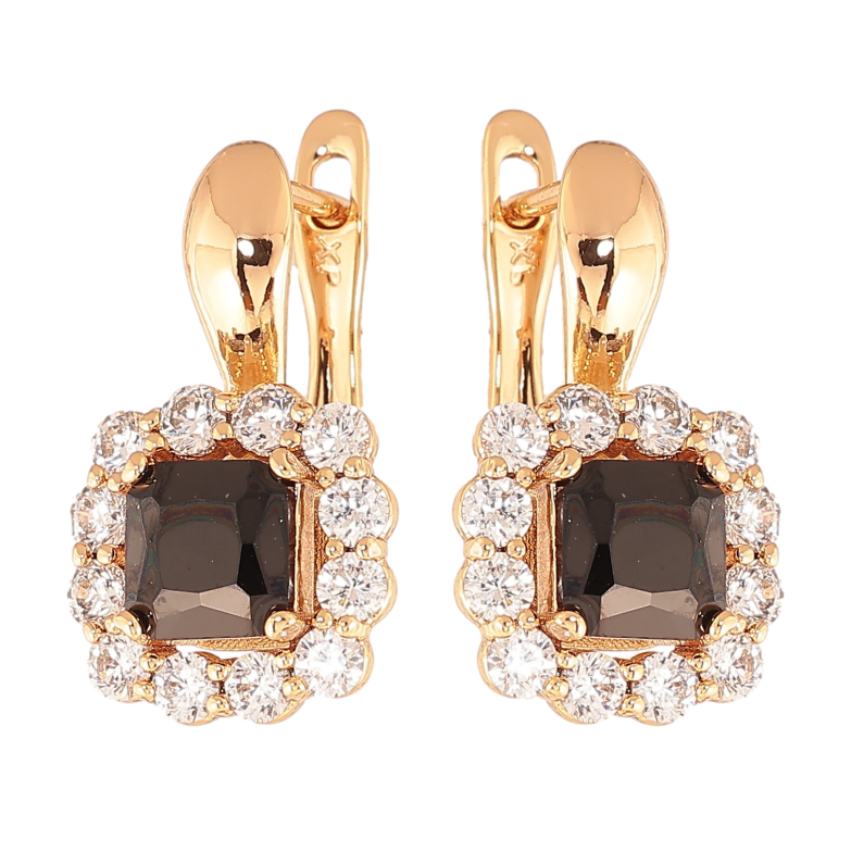 Сережки Xuping колір Позолота 18K англійський замок "Чорні кристали в обрамленні" фото №1