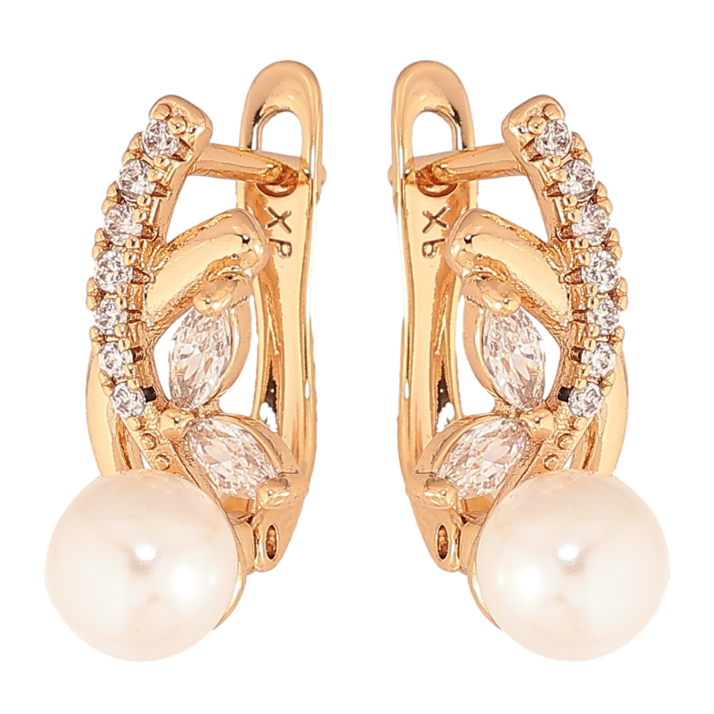 Серьги Xuping цвет Позолота 18K английский замок "Узор с кристаллами и жемчужинами" фото №1