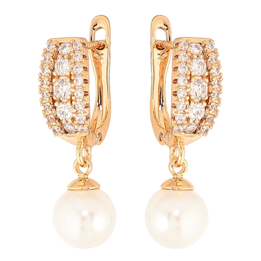 Сережки Xuping колір Позолота 18K англійський замок "Перлинні підвіски з інкрустацією кристалами" фото №1