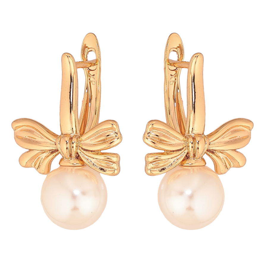 Серьги Xuping цвет Позолота 18К английский замок "Бантики с жемчужинами" фото №1