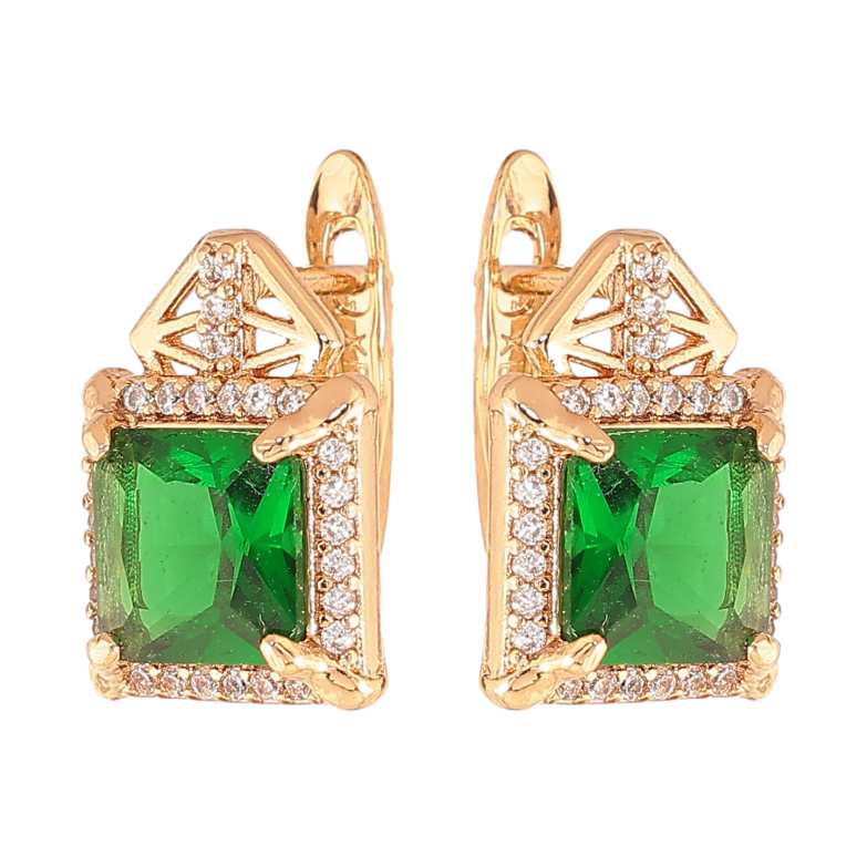 Сережки Xuping колір Позолота 18K англійський замок "Візерунок з зеленими кристалами" фото №1