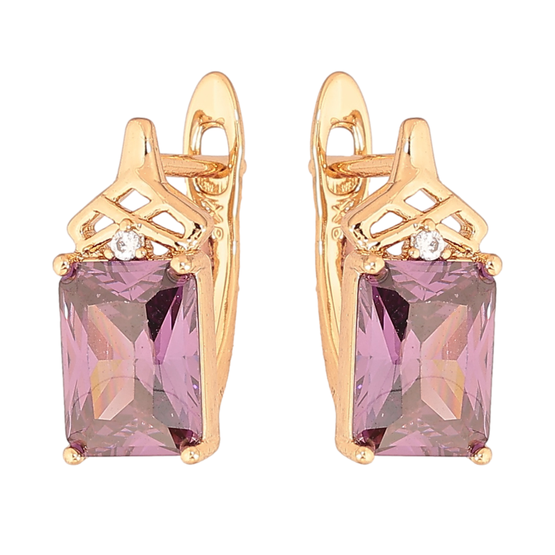 Сережки Xuping колір Позолота 18K англійський замок "Візерунок з бузковими кристалами" фото №2 Сережки Xuping колір Позолота 18K англійський замок "Візерунок з бузковими кристалами" фото №2