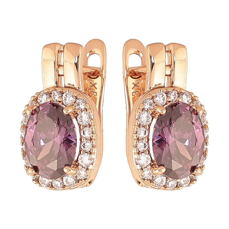 Сережки Xuping колір Позолота 18K англійський замок "Бузкові кристали в обрамленні" фото №1 Сережки Xuping колір Позолота 18K англійський замок "Бузкові кристали в обрамленні" фото №1