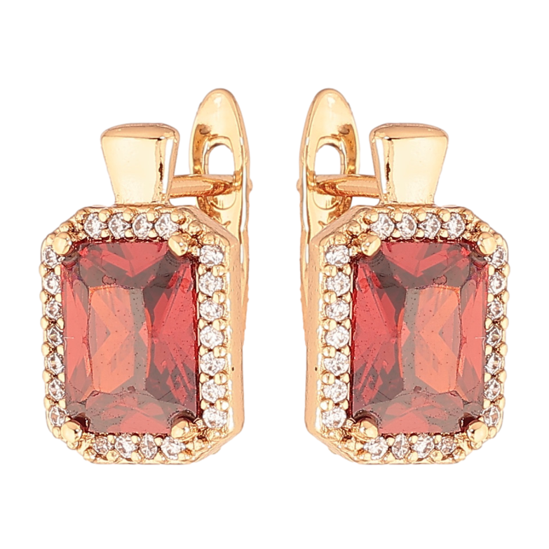 Серьги Xuping цвет Позолота 18K английский замок "Красные кристаллы в обрамлении" фото №2