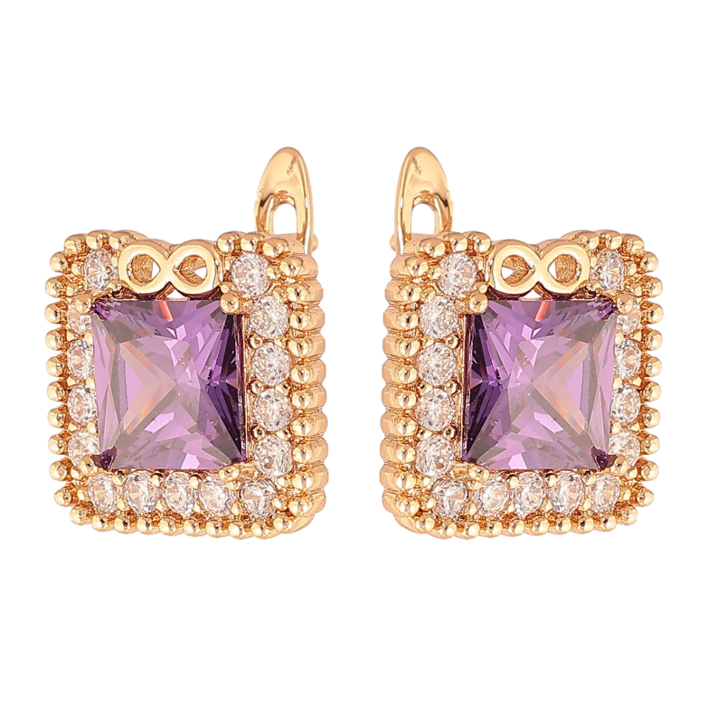 Серьги Xuping цвет Позолота 18K английский замок "Сиреневые кристаллы в обрамлении" фото №1 Серьги Xuping цвет Позолота 18K английский замок "Сиреневые кристаллы в обрамлении" фото №1