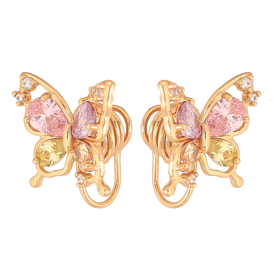 Сережки Xuping колір Позолота 18K  кліпси "Метелики з різнокольоровими кристалами" фото №1