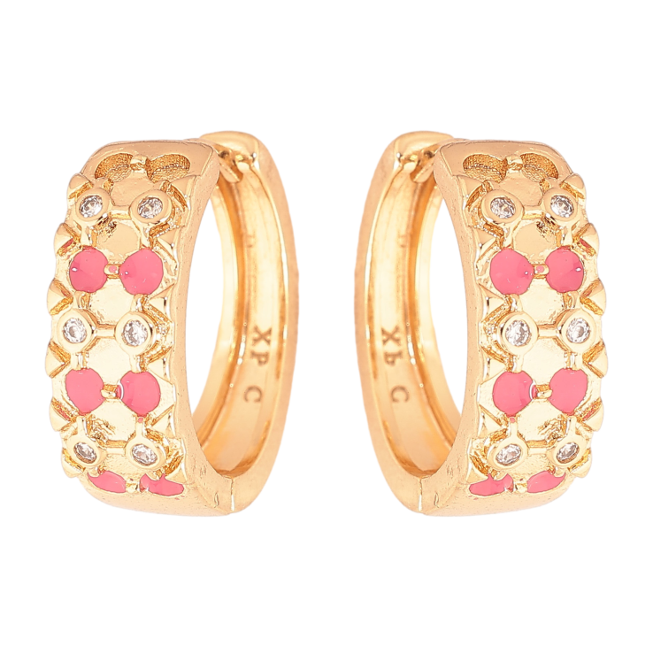 Серьги Xuping цвет Позолота 18К колечки "Узор с кристаллами и розовой эмалью" фото №6