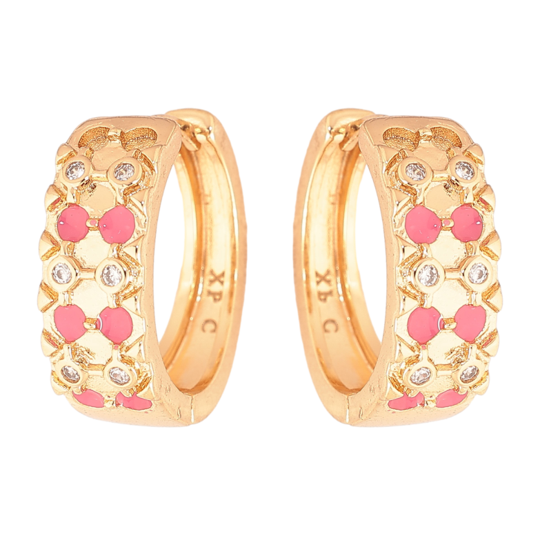 Серьги Xuping цвет Позолота 18К колечки "Узор с кристаллами и розовой эмалью" фото №1