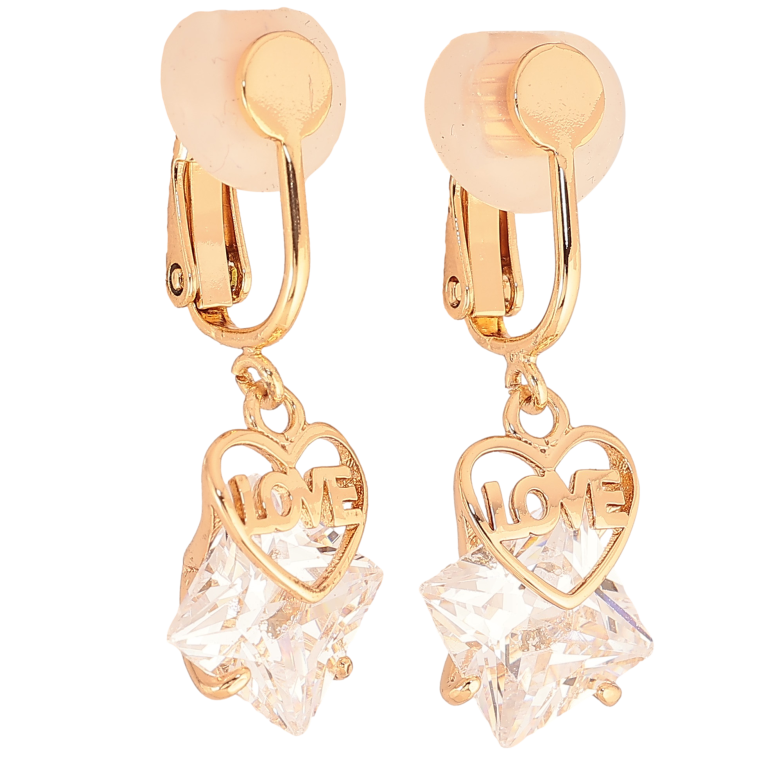 Серьги Xuping цвет Позолота 18К клипсы "Кристальные подвески с сердечками" фото №1