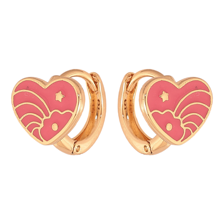 Серьги Xuping цвет Позолота 18К колечки "Сердечки с узором розовой эмалью" фото №1