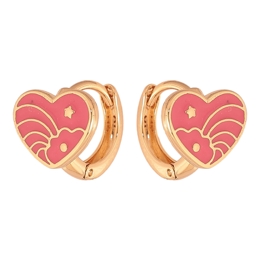 Сережки Xuping колір Позолота 18К колечка "Сердечки з візерунком рожевою емаллю" фото №1