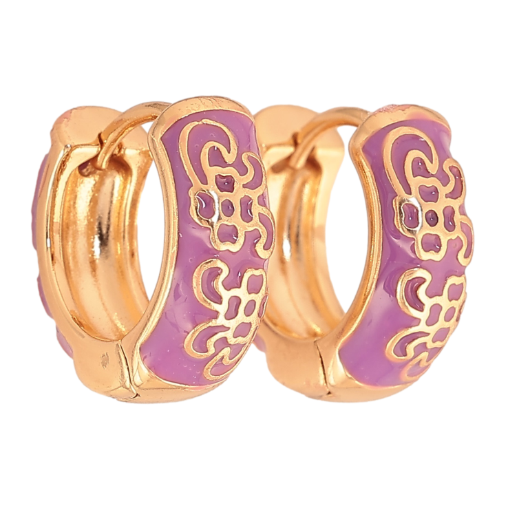 Серьги Xuping цвет Позолота 18К колечки "Узор с сиреневой эмалью" фото №8 Серьги Xuping цвет Позолота 18К колечки "Узор с сиреневой эмалью" фото №8