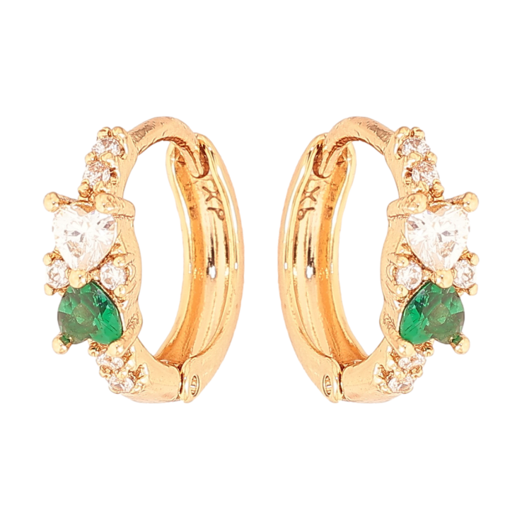 Серьги Xuping цвет Позолота 18К колечки "Узор с зелено-белыми кристальными сердечками" фото №2