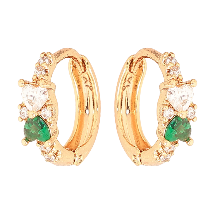 Серьги Xuping цвет Позолота 18К колечки "Узор с зелено-белыми кристальными сердечками" фото №1 Серьги Xuping цвет Позолота 18К колечки "Узор с зелено-белыми кристальными сердечками" фото №1