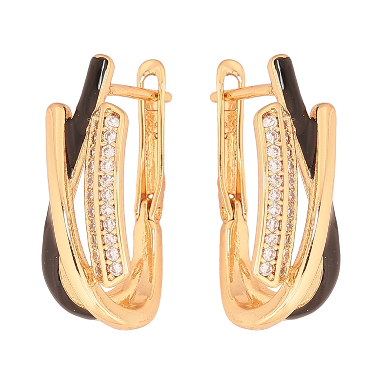 Сережки Xuping колір Позолота 18К англійський замок "Візерунок з кристалами і чорною емаллю" фото №1