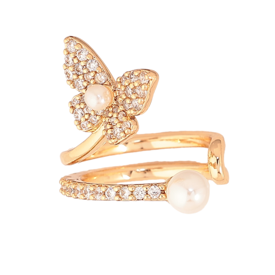 Сережки Xuping колір Позолота 18K моно-каффа "Метелик з кристалами та перлинами" на праве вухо фото №1 Сережки Xuping колір Позолота 18K моно-каффа "Метелик з кристалами та перлинами" на праве вухо фото №1