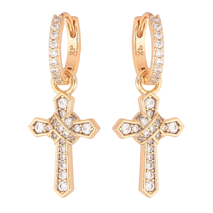 Сережки Xuping колір Позолота 18К підвіски на колечках "Хрестики з кристалами" 2 в 1 фото №3