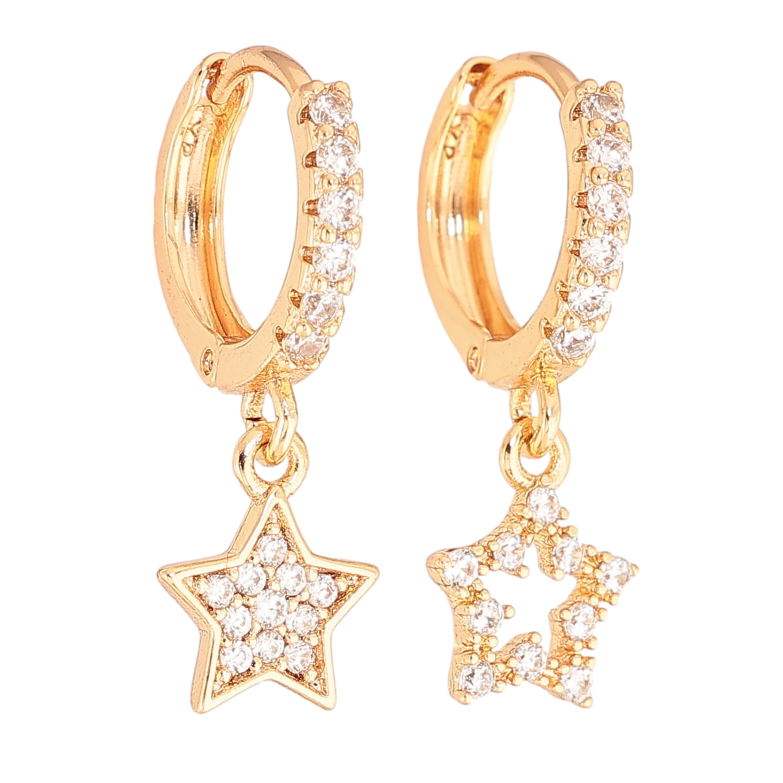 Серьги Xuping цвет Позолота 18К подвески на колечках "Ассиметричные звезды с инкрустацией кристаллами"  фото №1