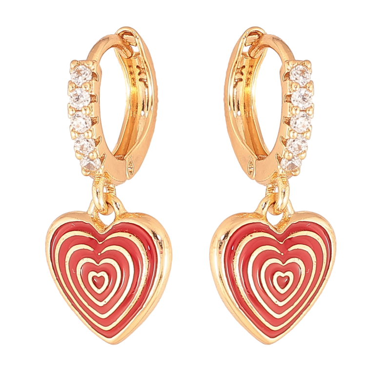Сережки Xuping колір Позолота 18К підвіски на колечках "Сердечки з візерунком червоною емаллю" фото №1 Сережки Xuping колір Позолота 18К підвіски на колечках "Сердечки з візерунком червоною емаллю" фото №1