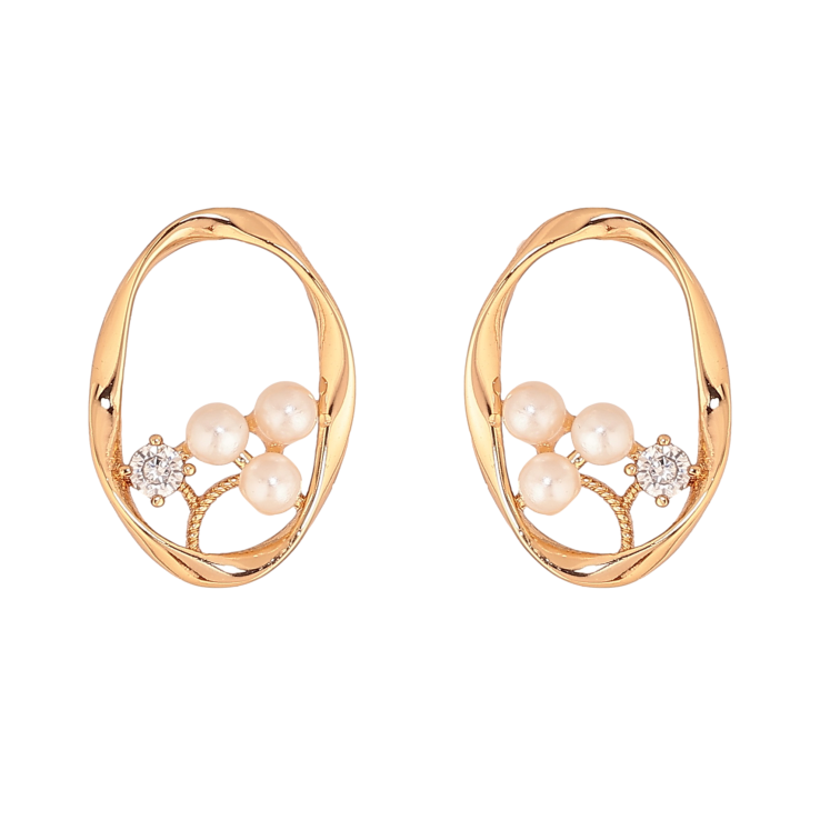 Серьги Xuping цвет Позолота 18К пусеты "Овалы с узором кристаллами и жемчужинами" фото №2