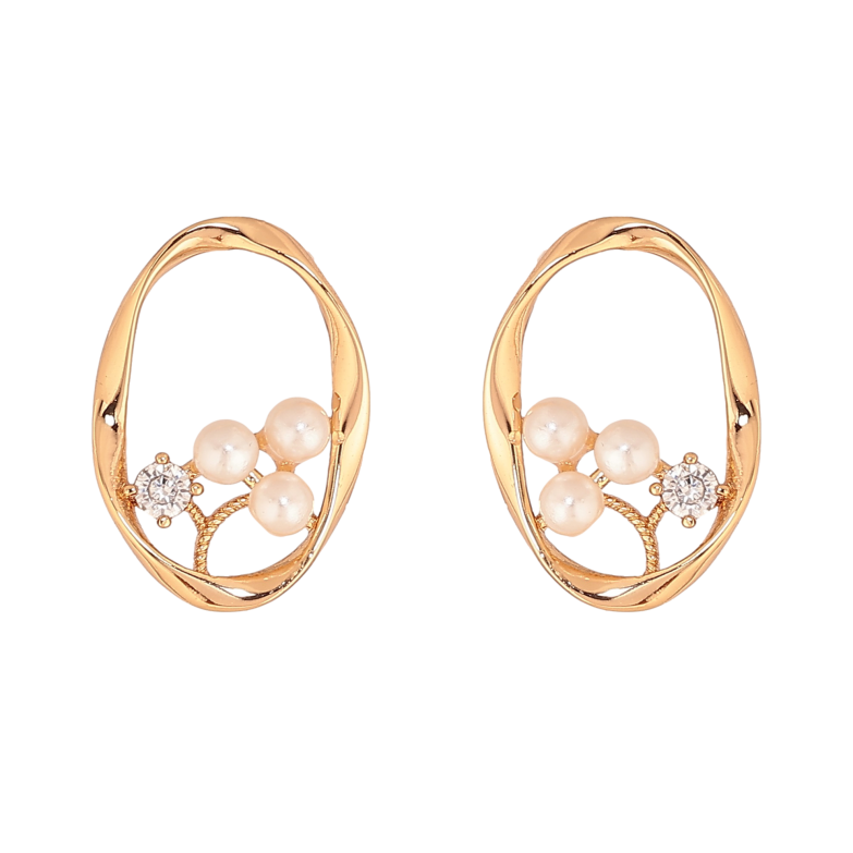 Сережки Xuping колір Позолота 18К пусети "Овали з візерунком кристалами та перлинами" фото №1 Сережки Xuping колір Позолота 18К пусети "Овали з візерунком кристалами та перлинами" фото №1