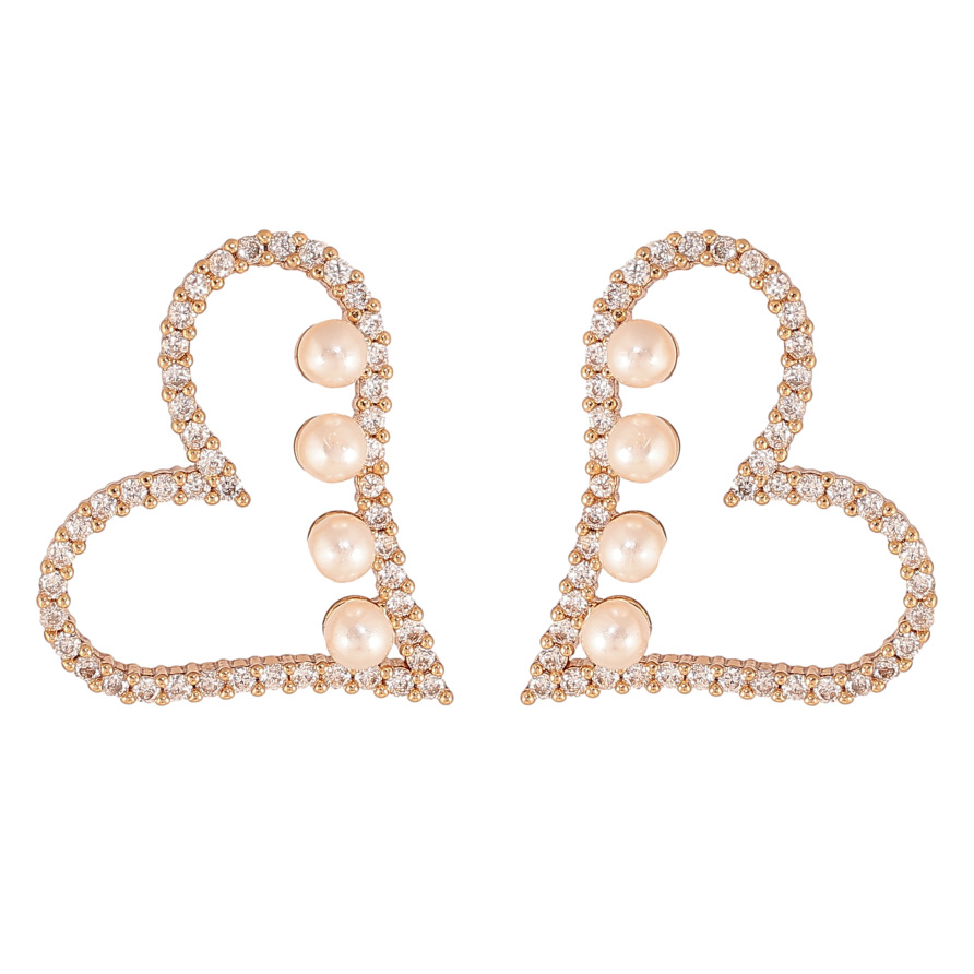Серьги Xuping цвет Позолота 18К пусеты "Сердечки с кристаллами и жемчужинами" фото №1