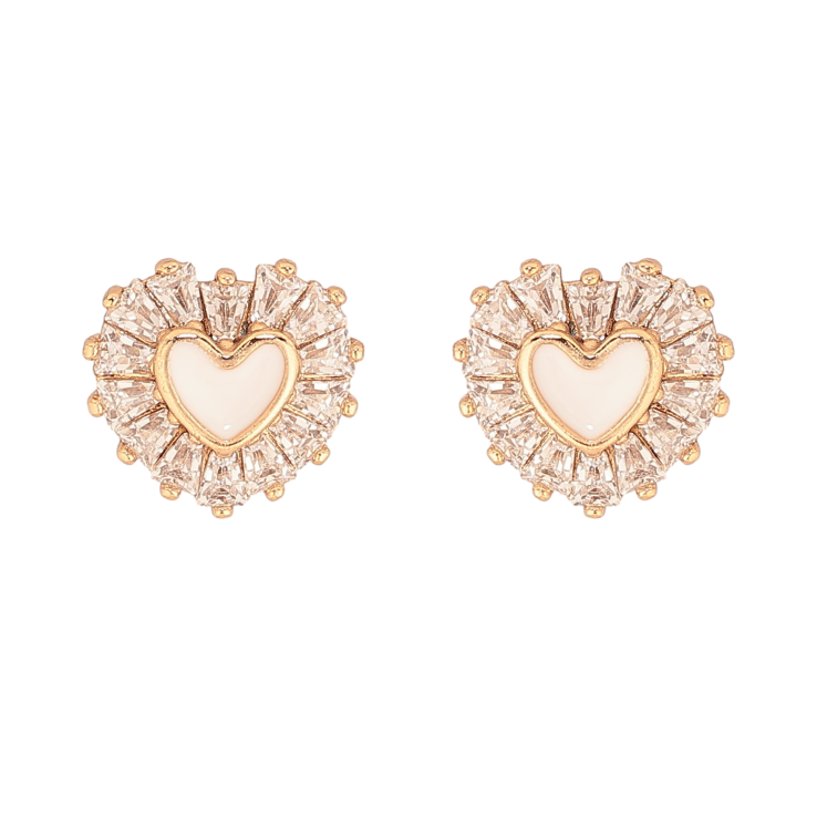 Сережки Xuping колір Позолота 18К пусети "Сердечки з білою емаллю та кристалами" фото №4