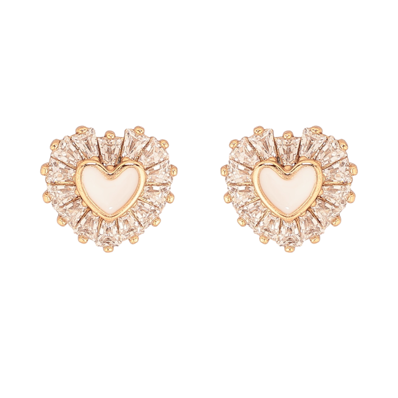 Сережки Xuping колір Позолота 18К пусети "Сердечки з білою емаллю та кристалами" фото №1
