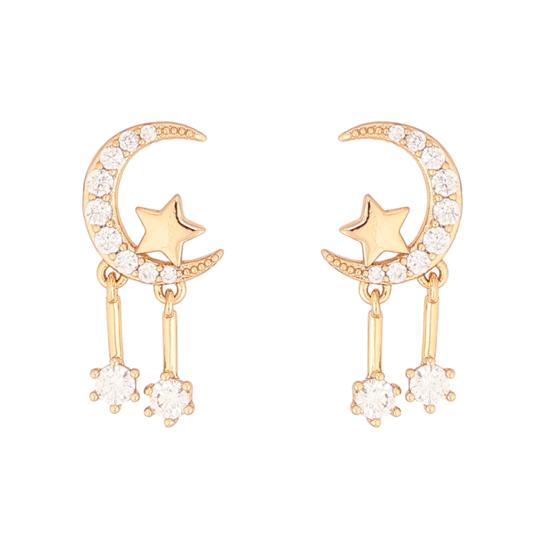 Сережки Xuping колір Позолота 18К пусети "Півмісяць із зіркою та кристальними підвісками" фото №2