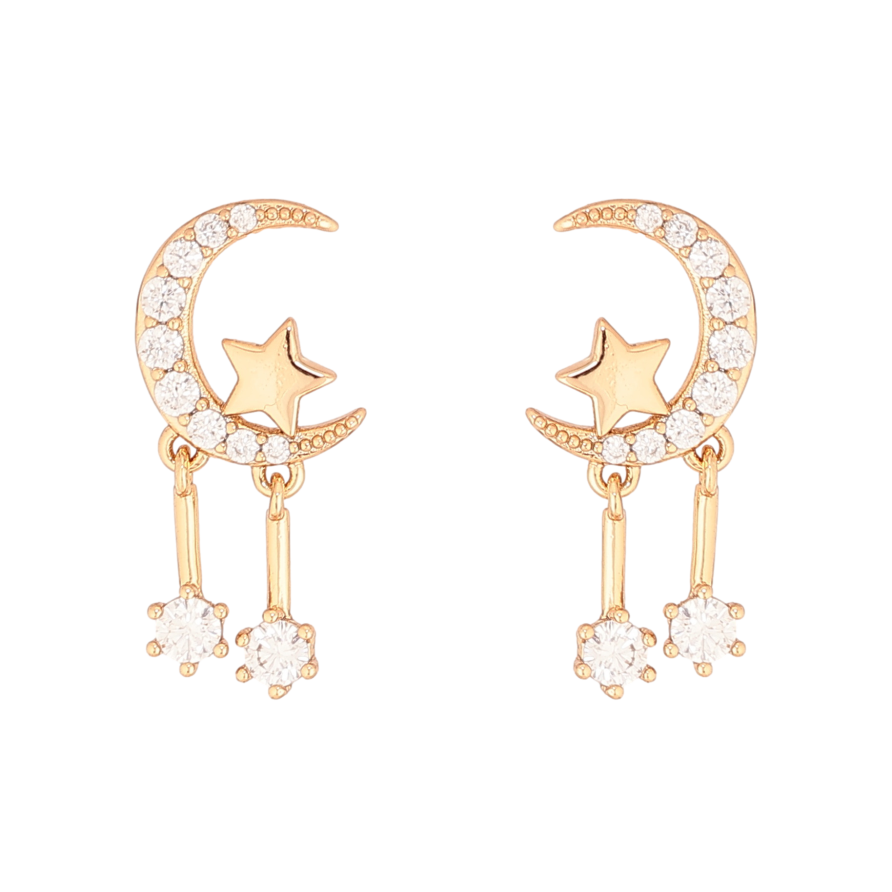 Серьги Xuping цвет Позолота 18К пусеты "Полумесяц со звездой и кристальными подвесками" фото №1
