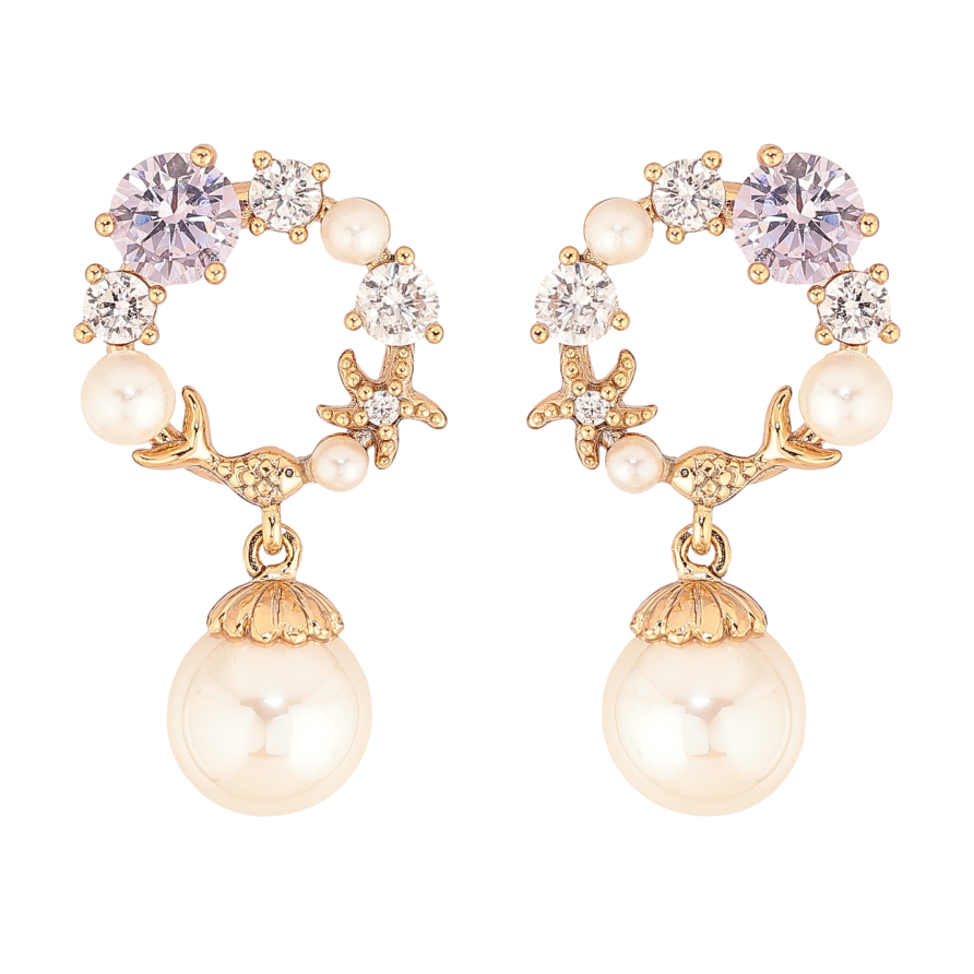 Серьги Xuping цвет Позолота 18К пусеты "Кристальные колечки с жемчужинами" фото №1