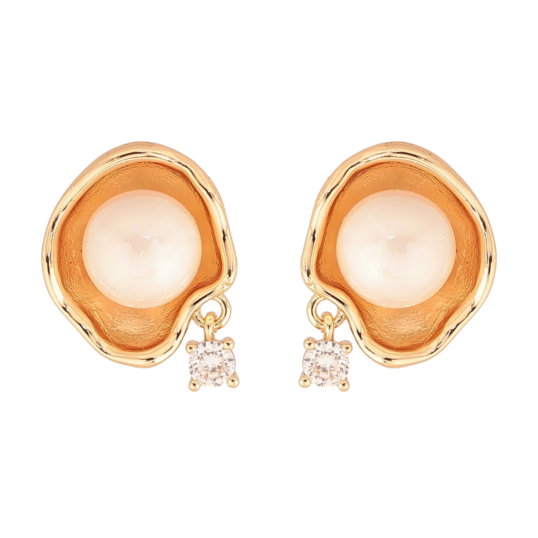 Сережки Xuping колір Позолота 18К пусети "Візерунок з перлинами та кристальними підвісками" фото №1