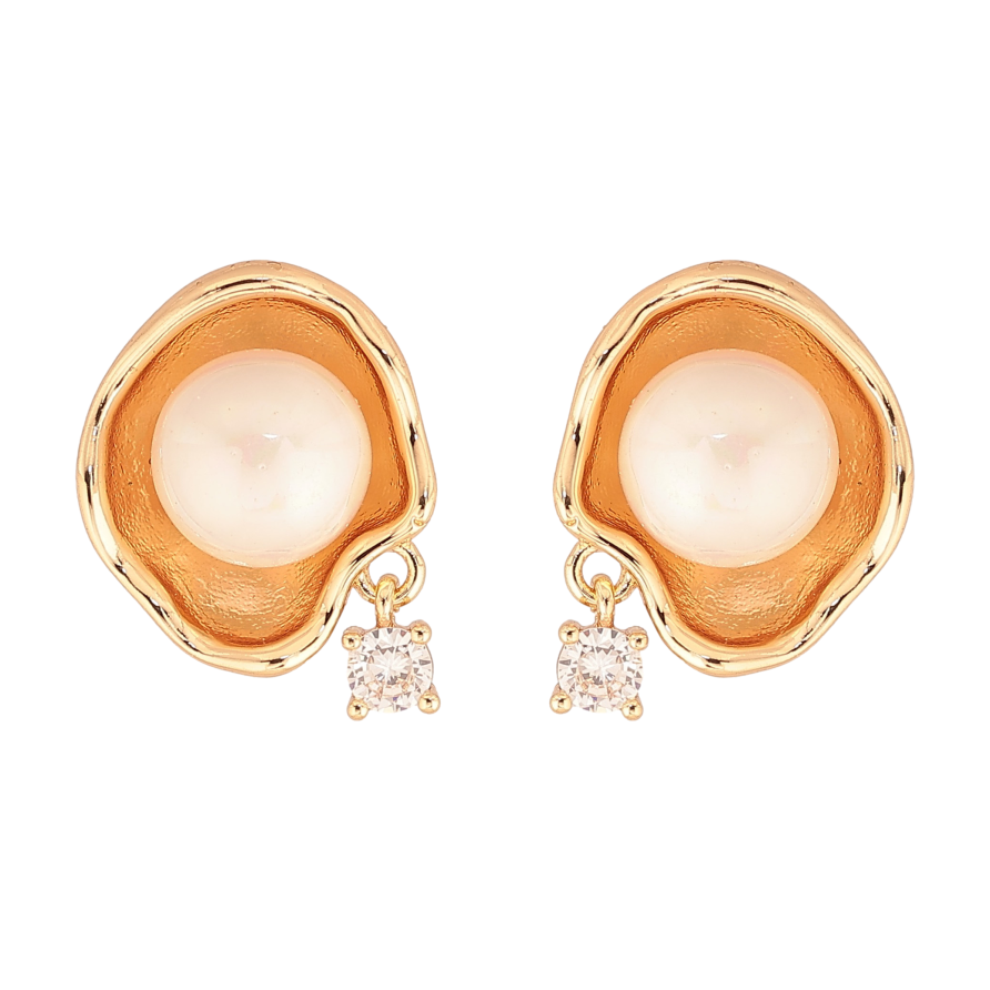 Сережки Xuping колір Позолота 18К пусети "Візерунок з перлинами та кристальними підвісками" фото №1