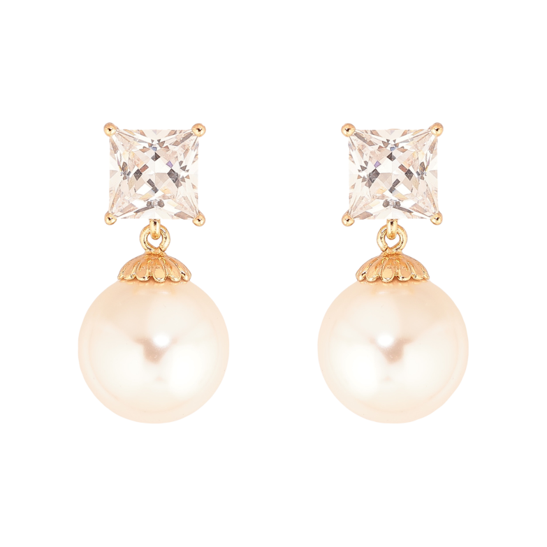 Сережки Xuping колір Позолота 18К пусети "Кристали з перлинними підвісками" фото №1