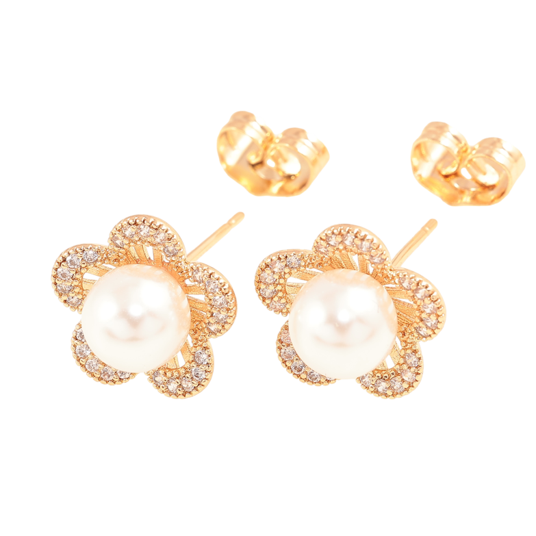 Серьги Xuping цвет Позолота 18К пусеты "Цветочки с жемчужинами и кристаллами" фото №1