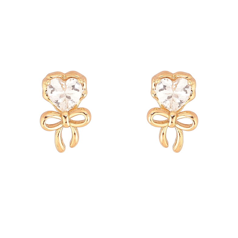 Сережки Xuping колір Позолота 18К пусети "Кристальні серця з бантами" фото №1