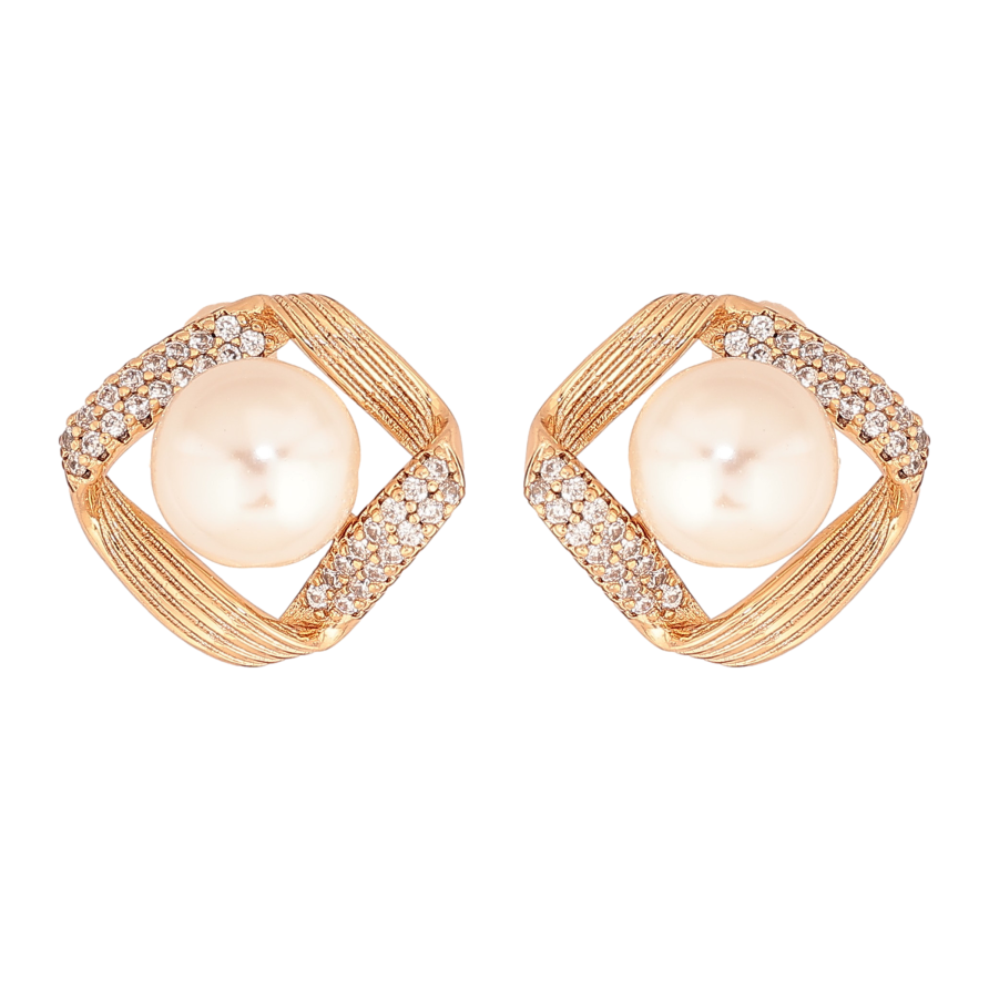 Сережки Xuping колір Позолота 18К пусети "Ромби з перлинами та кристалами" фото №1 Сережки Xuping колір Позолота 18К пусети "Ромби з перлинами та кристалами" фото №1