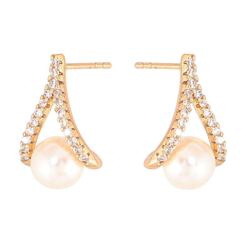 Серьги Xuping цвет Позолота 18К пусеты "Петельки с жемчужинами и кристаллами" фото №2 Серьги Xuping цвет Позолота 18К пусеты "Петельки с жемчужинами и кристаллами" фото №2