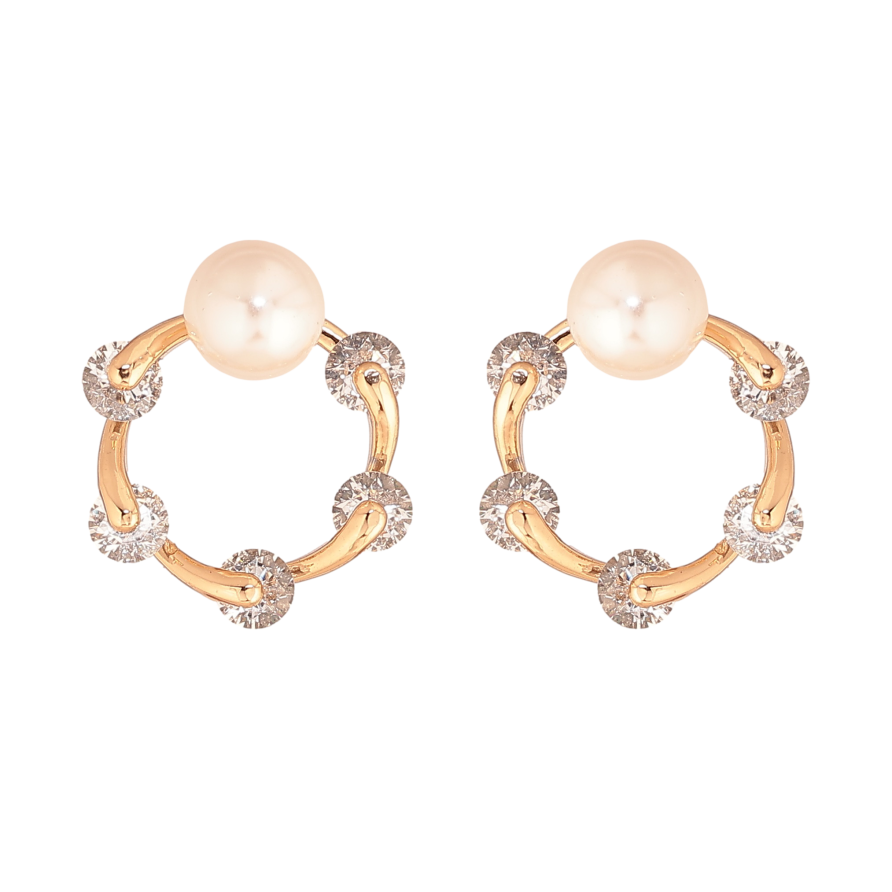 Серьги Xuping цвет Позолота 18К пусеты "Колечки с кристаллами и жемчужинами" фото №1