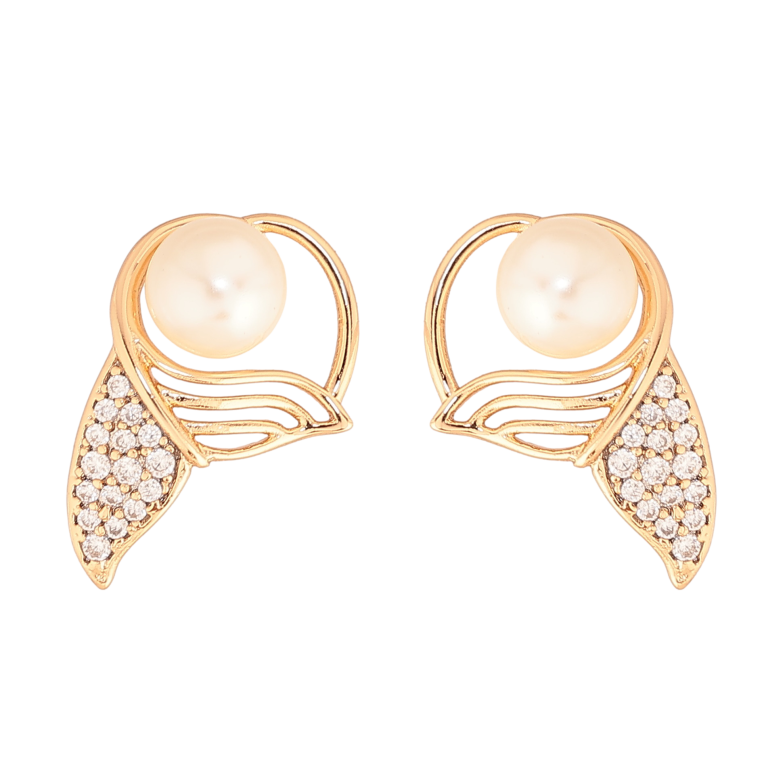 Серьги Xuping цвет Позолота 18К пусеты "Хвост с жемчужиной и кристаллами" фото №1
