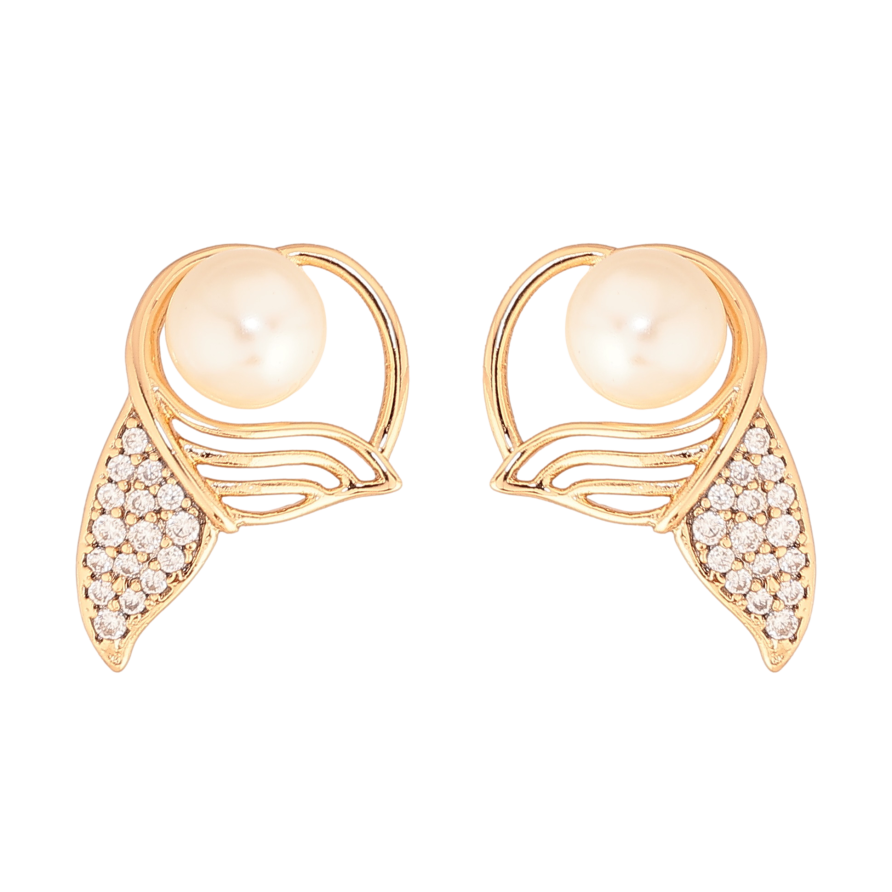 Серьги Xuping цвет Позолота 18К пусеты "Хвост с жемчужиной и кристаллами" фото №1