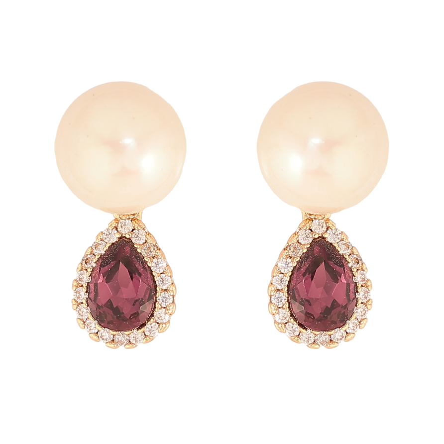 Сережки Xuping колір Позолота 18К пусети "Перлини з бордовими кристалами" фото №1 Сережки Xuping колір Позолота 18К пусети "Перлини з бордовими кристалами" фото №1