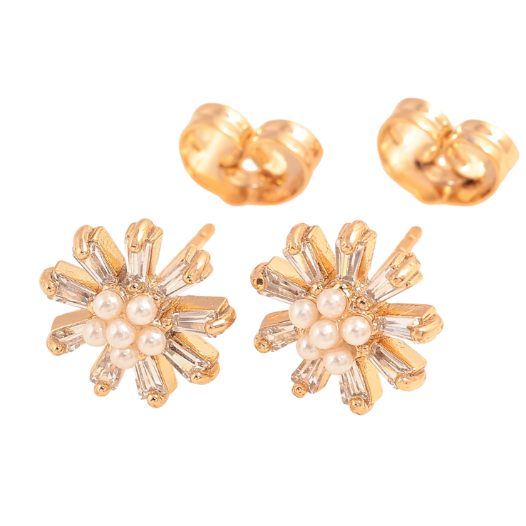 Сережки Xuping колір Позолота 18К пусети "Кристальні квіточки з перлинами" фото №8
